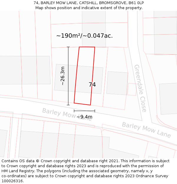 74, BARLEY MOW LANE, CATSHILL, BROMSGROVE, B61 0LP: Plot and title map