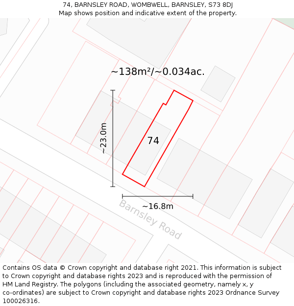 74, BARNSLEY ROAD, WOMBWELL, BARNSLEY, S73 8DJ: Plot and title map