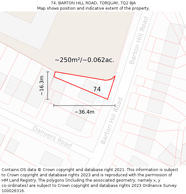 74, BARTON HILL ROAD, TORQUAY, TQ2 8JA: Plot and title map