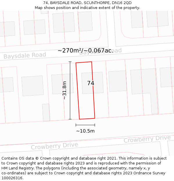 74, BAYSDALE ROAD, SCUNTHORPE, DN16 2QD: Plot and title map