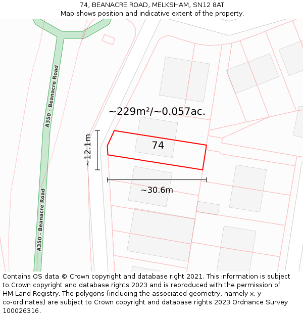 74, BEANACRE ROAD, MELKSHAM, SN12 8AT: Plot and title map