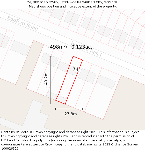 74, BEDFORD ROAD, LETCHWORTH GARDEN CITY, SG6 4DU: Plot and title map