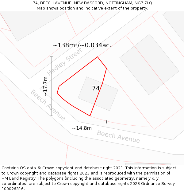 74, BEECH AVENUE, NEW BASFORD, NOTTINGHAM, NG7 7LQ: Plot and title map