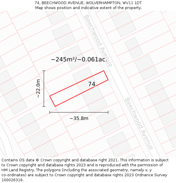 74, BEECHWOOD AVENUE, WOLVERHAMPTON, WV11 1DT: Plot and title map