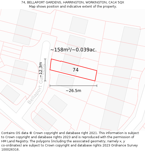 74, BELLAPORT GARDENS, HARRINGTON, WORKINGTON, CA14 5QX: Plot and title map