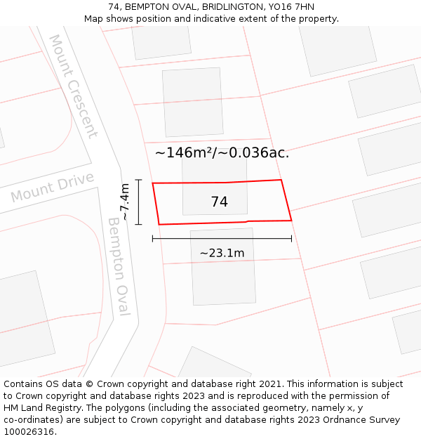 74, BEMPTON OVAL, BRIDLINGTON, YO16 7HN: Plot and title map