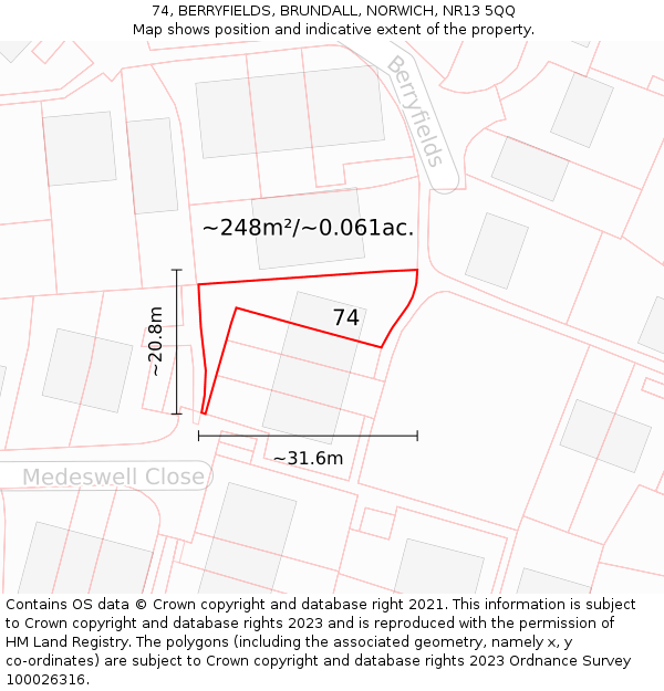 74, BERRYFIELDS, BRUNDALL, NORWICH, NR13 5QQ: Plot and title map
