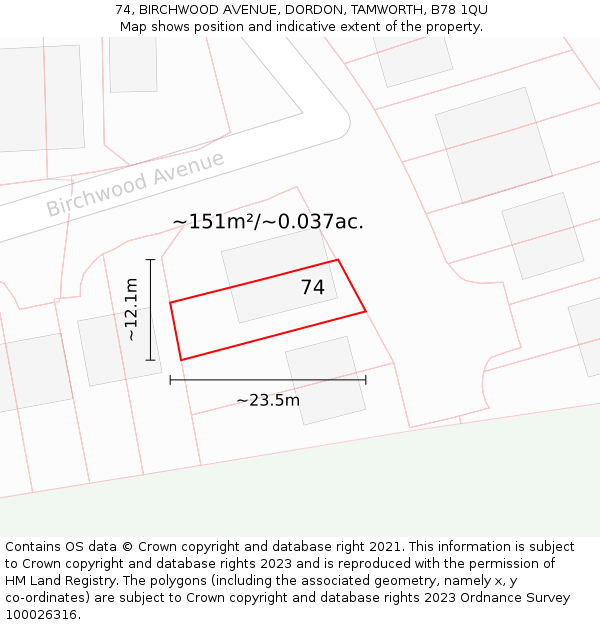 74, BIRCHWOOD AVENUE, DORDON, TAMWORTH, B78 1QU: Plot and title map