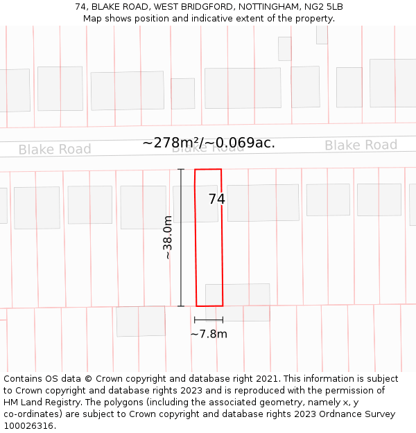 74, BLAKE ROAD, WEST BRIDGFORD, NOTTINGHAM, NG2 5LB: Plot and title map