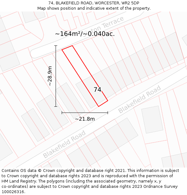 74, BLAKEFIELD ROAD, WORCESTER, WR2 5DP: Plot and title map