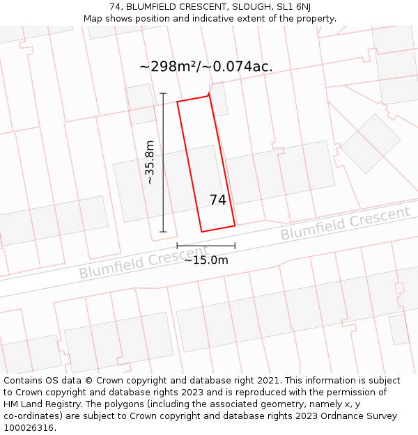 74, BLUMFIELD CRESCENT, SLOUGH, SL1 6NJ: Plot and title map