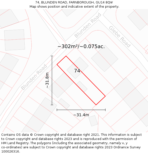 74, BLUNDEN ROAD, FARNBOROUGH, GU14 8QW: Plot and title map