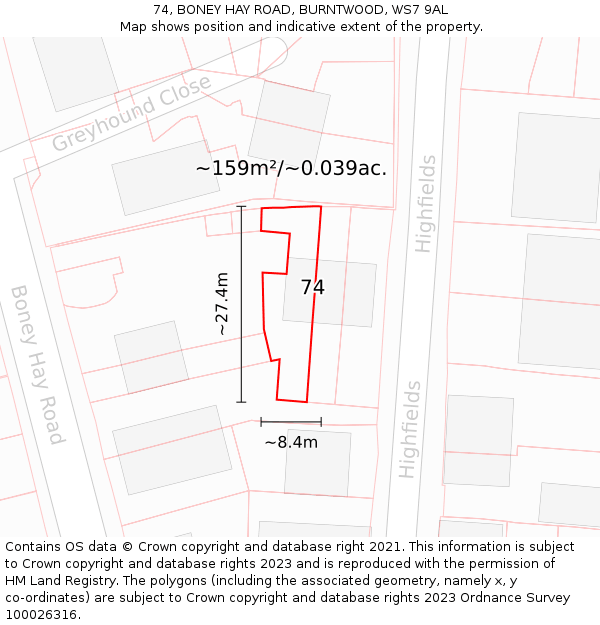 74, BONEY HAY ROAD, BURNTWOOD, WS7 9AL: Plot and title map