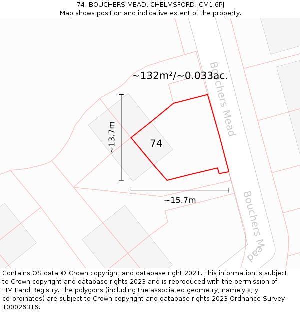 74, BOUCHERS MEAD, CHELMSFORD, CM1 6PJ: Plot and title map