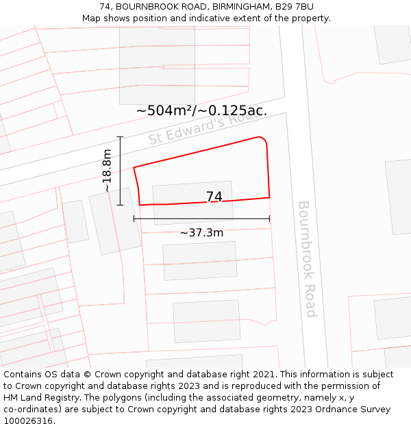 74, BOURNBROOK ROAD, BIRMINGHAM, B29 7BU: Plot and title map