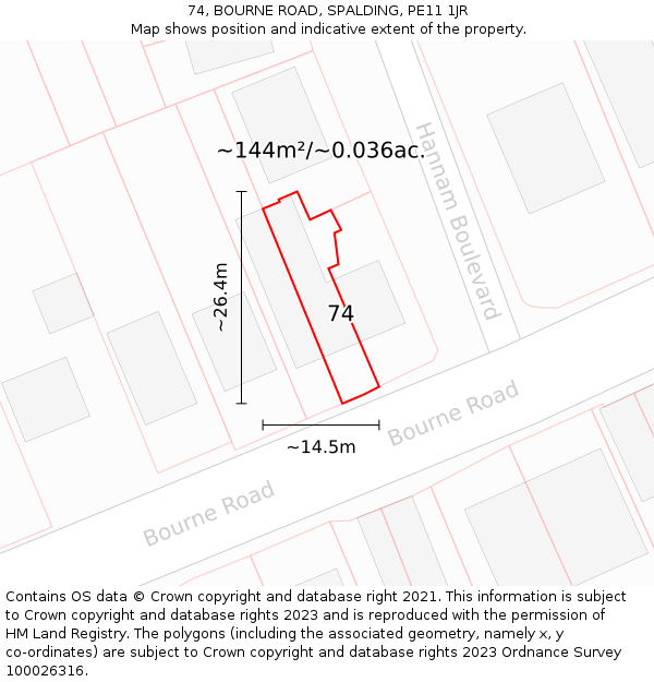 74, BOURNE ROAD, SPALDING, PE11 1JR: Plot and title map