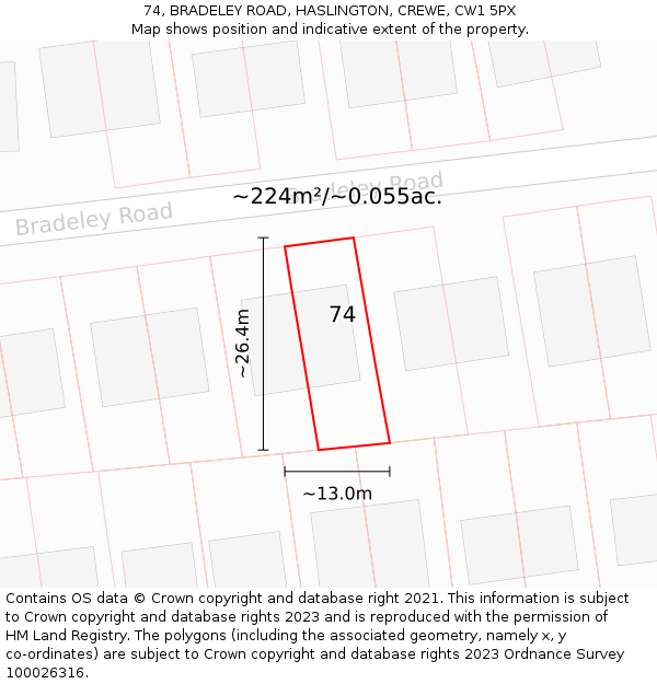 74, BRADELEY ROAD, HASLINGTON, CREWE, CW1 5PX: Plot and title map