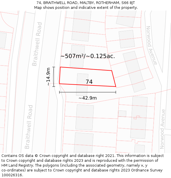 74, BRAITHWELL ROAD, MALTBY, ROTHERHAM, S66 8JT: Plot and title map