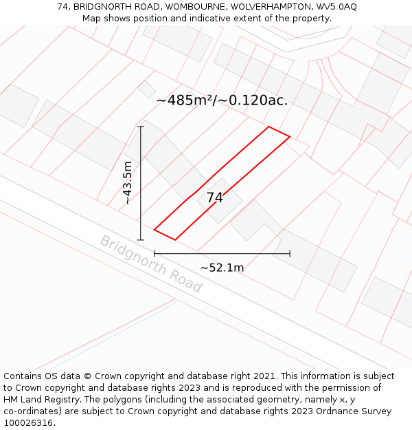 74, BRIDGNORTH ROAD, WOMBOURNE, WOLVERHAMPTON, WV5 0AQ: Plot and title map