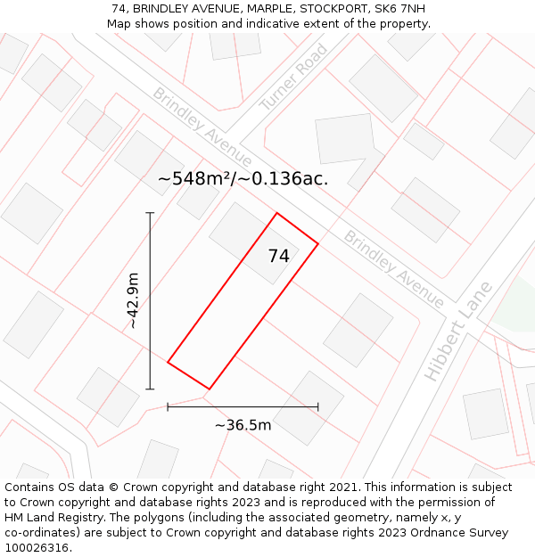 74, BRINDLEY AVENUE, MARPLE, STOCKPORT, SK6 7NH: Plot and title map