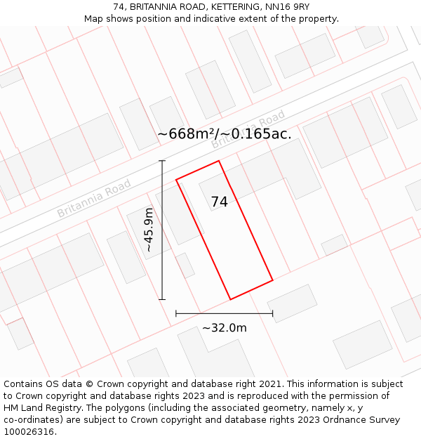 74, BRITANNIA ROAD, KETTERING, NN16 9RY: Plot and title map