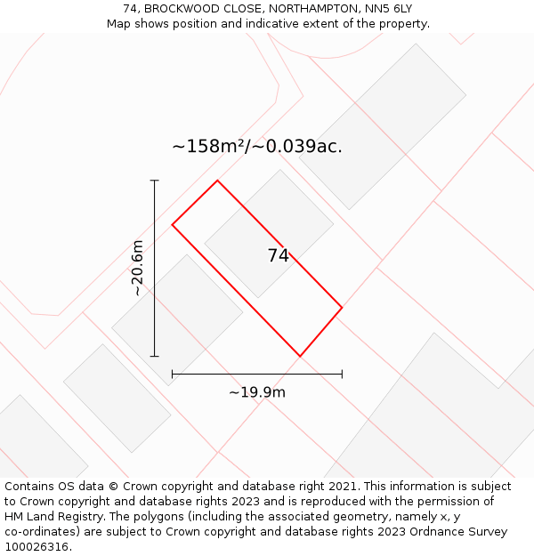 74, BROCKWOOD CLOSE, NORTHAMPTON, NN5 6LY: Plot and title map