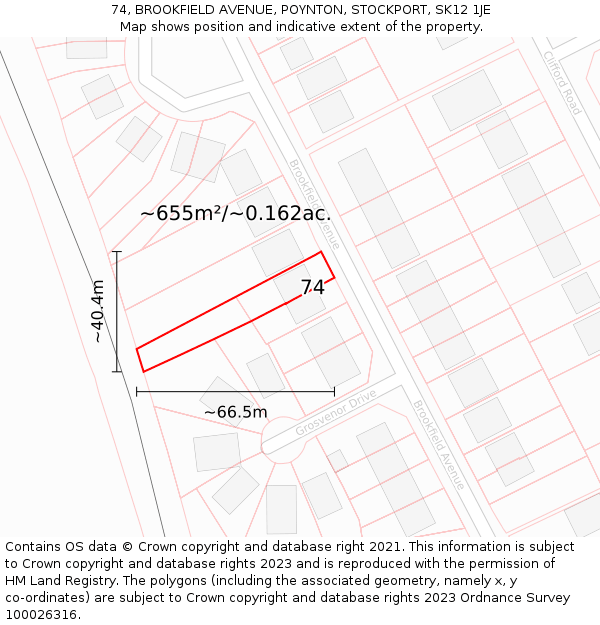 74, BROOKFIELD AVENUE, POYNTON, STOCKPORT, SK12 1JE: Plot and title map