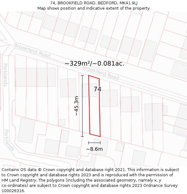 74, BROOKFIELD ROAD, BEDFORD, MK41 9LJ: Plot and title map