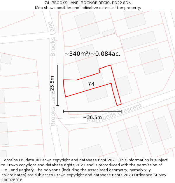 74, BROOKS LANE, BOGNOR REGIS, PO22 8DN: Plot and title map