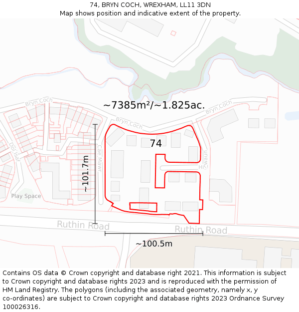 74, BRYN COCH, WREXHAM, LL11 3DN: Plot and title map