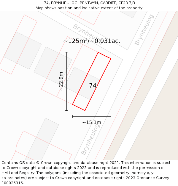 74, BRYNHEULOG, PENTWYN, CARDIFF, CF23 7JB: Plot and title map