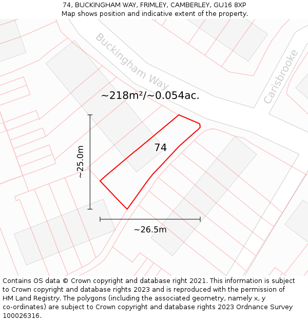 74, BUCKINGHAM WAY, FRIMLEY, CAMBERLEY, GU16 8XP: Plot and title map