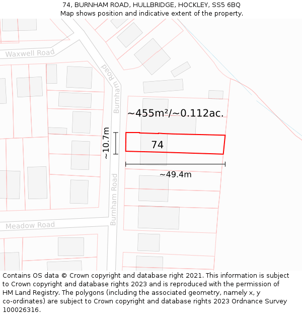 74, BURNHAM ROAD, HULLBRIDGE, HOCKLEY, SS5 6BQ: Plot and title map