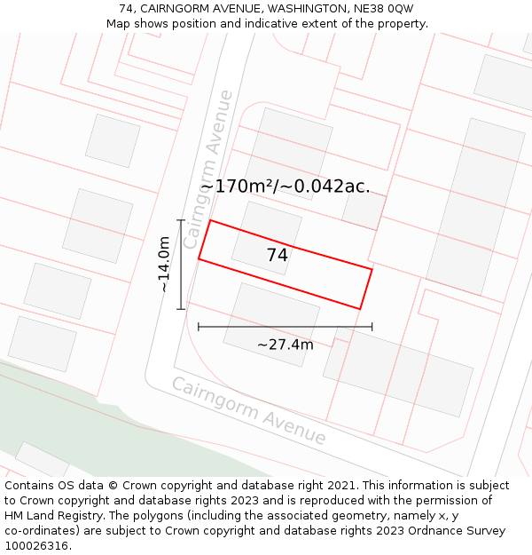 74, CAIRNGORM AVENUE, WASHINGTON, NE38 0QW: Plot and title map