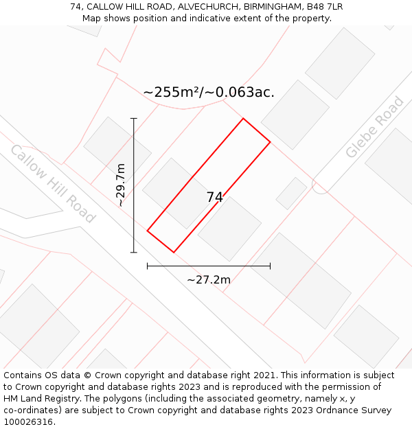 74, CALLOW HILL ROAD, ALVECHURCH, BIRMINGHAM, B48 7LR: Plot and title map