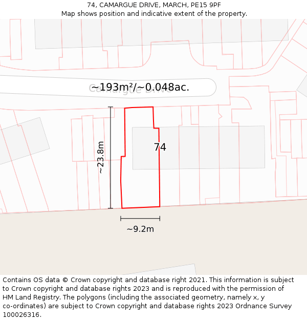 74, CAMARGUE DRIVE, MARCH, PE15 9PF: Plot and title map