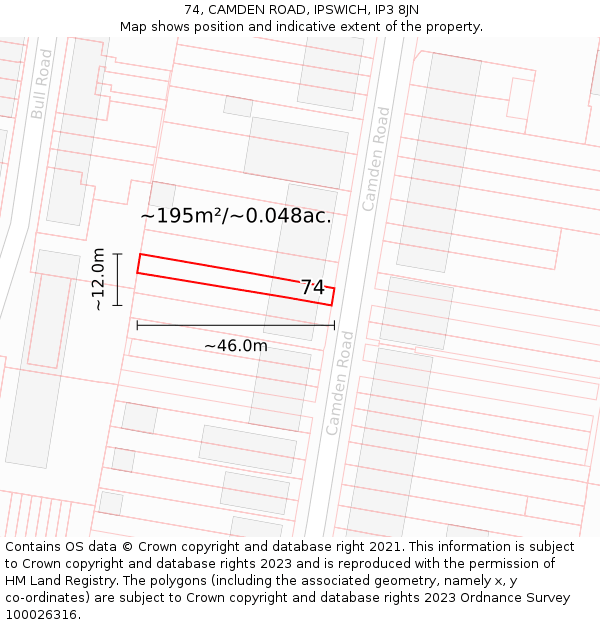 74, CAMDEN ROAD, IPSWICH, IP3 8JN: Plot and title map