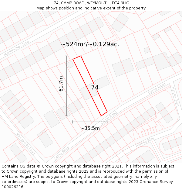 74, CAMP ROAD, WEYMOUTH, DT4 9HG: Plot and title map