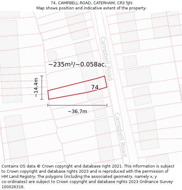 74, CAMPBELL ROAD, CATERHAM, CR3 5JN: Plot and title map