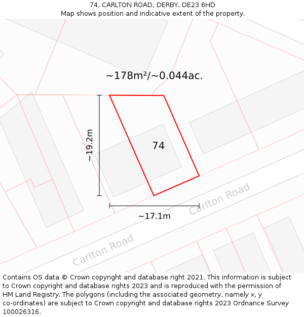 74, CARLTON ROAD, DERBY, DE23 6HD: Plot and title map