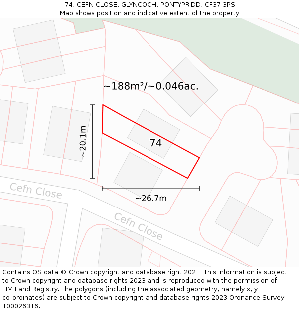 74, CEFN CLOSE, GLYNCOCH, PONTYPRIDD, CF37 3PS: Plot and title map