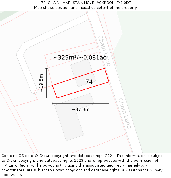 74, CHAIN LANE, STAINING, BLACKPOOL, FY3 0DF: Plot and title map