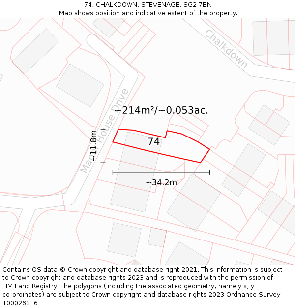 74, CHALKDOWN, STEVENAGE, SG2 7BN: Plot and title map