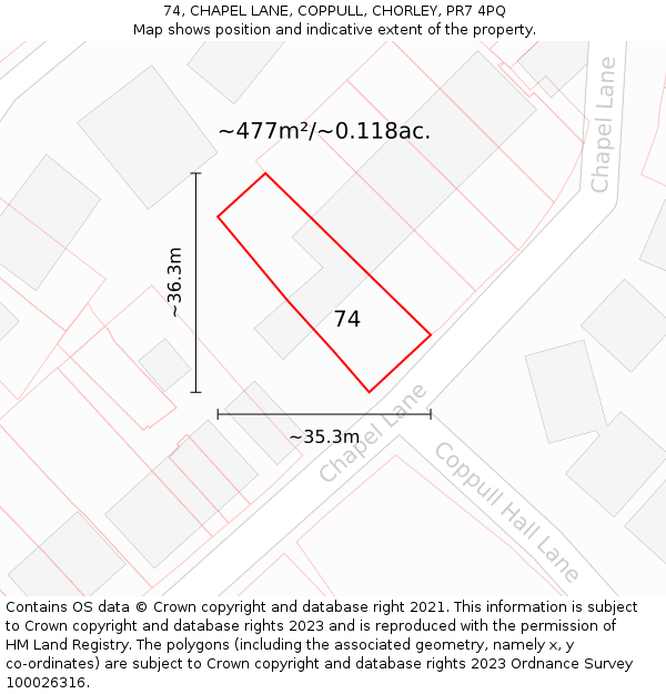 74, CHAPEL LANE, COPPULL, CHORLEY, PR7 4PQ: Plot and title map