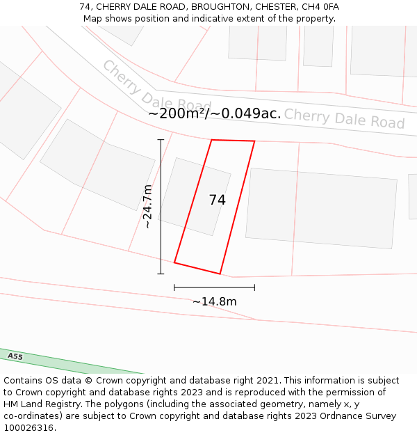 74, CHERRY DALE ROAD, BROUGHTON, CHESTER, CH4 0FA: Plot and title map