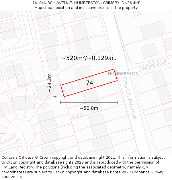 74, CHURCH AVENUE, HUMBERSTON, GRIMSBY, DN36 4HP: Plot and title map