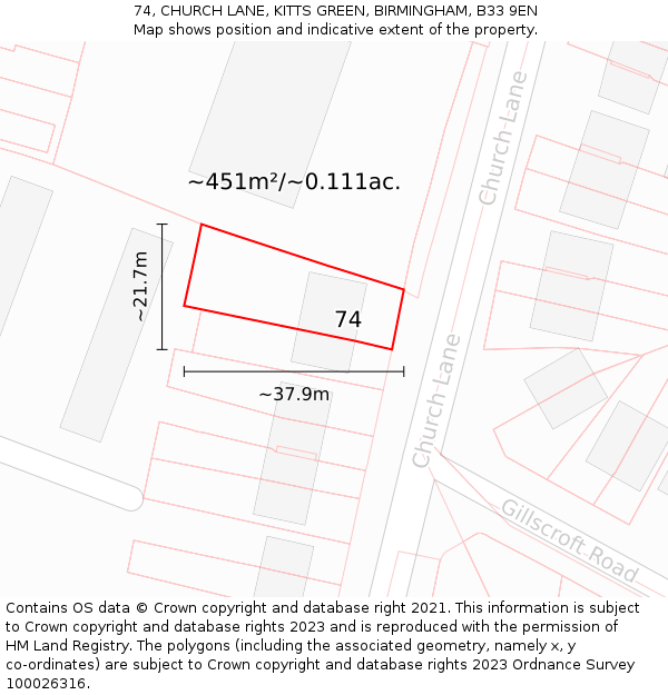 74, CHURCH LANE, KITTS GREEN, BIRMINGHAM, B33 9EN: Plot and title map