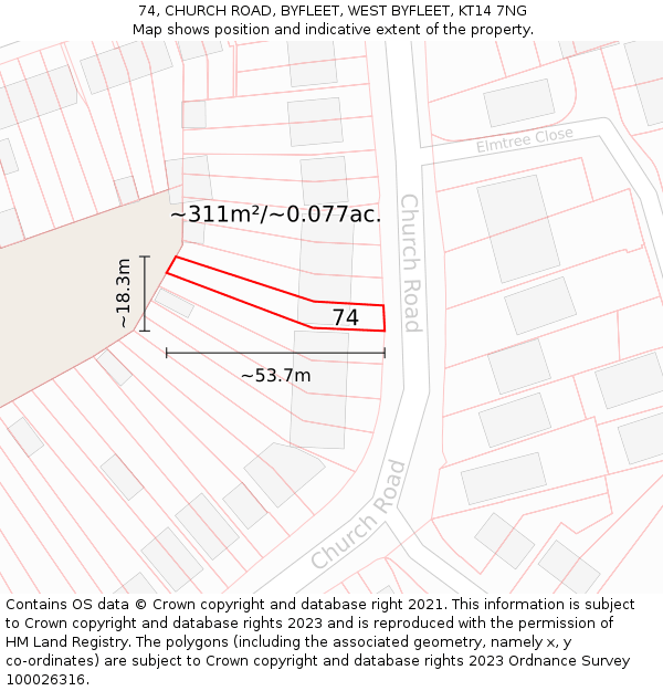 74, CHURCH ROAD, BYFLEET, WEST BYFLEET, KT14 7NG: Plot and title map