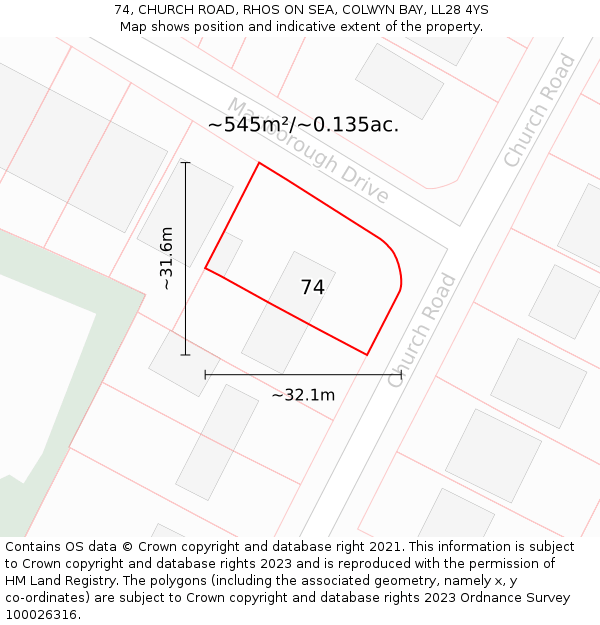 74, CHURCH ROAD, RHOS ON SEA, COLWYN BAY, LL28 4YS: Plot and title map