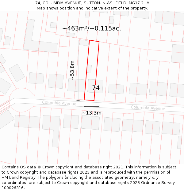 74, COLUMBIA AVENUE, SUTTON-IN-ASHFIELD, NG17 2HA: Plot and title map